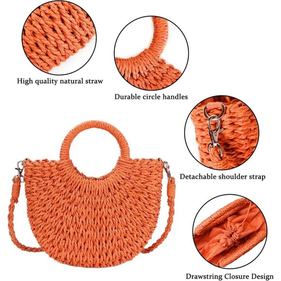 Women's Orange Straw Beach Woven Cross Body Shoulder Top Handle Satchel Handbag - Picture 4 of 6
